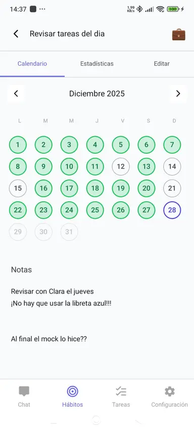 Seguimiento de habitos en tema rosa - App 2brain