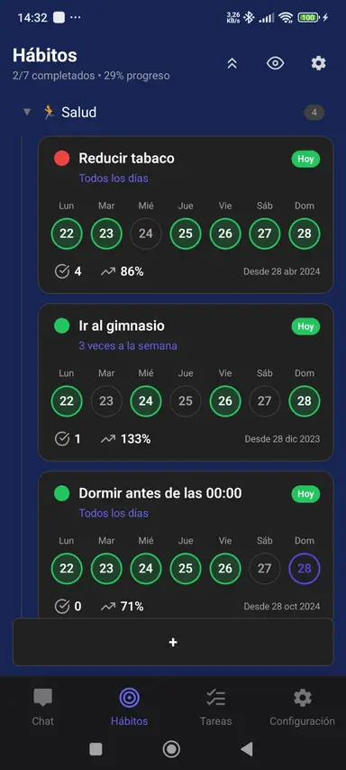 Lista de habitos en tema azul - App 2brain