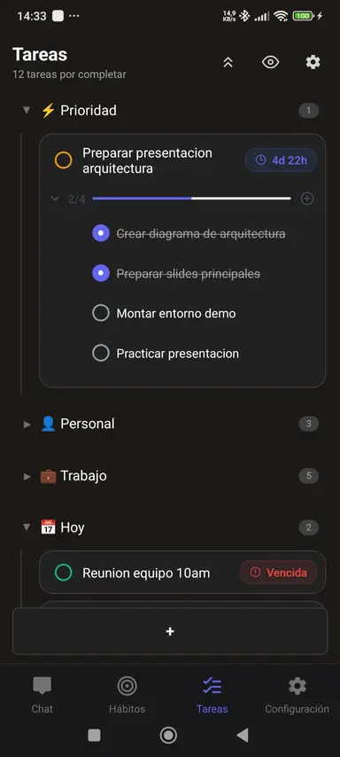Lista de tareas en tema oscuro - App 2brain